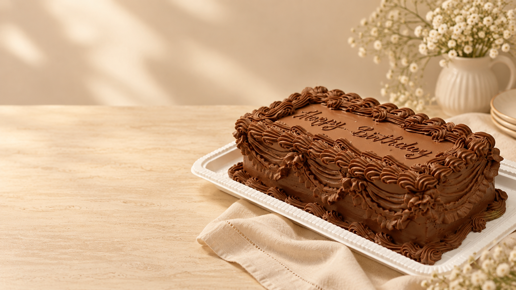Torta decorada de chocolate com escrita 'Happy Birthday', em mesa clara com flores ao fundo
